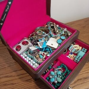 Turquoise Statement Jewelry Lot in Brown Jewelry Case